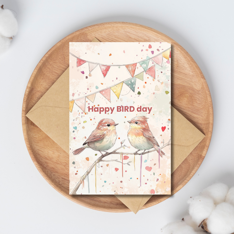 Carte de voeux rose bonne journée des oiseaux avec des oiseaux mignons
