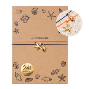 Armband auf Karte - Seestern und Muschel Gold - Meeresrauschen – 24K vergoldeter Anhänger – Makramee – DIN A6 Recyclingkarte – maritime Kollektion