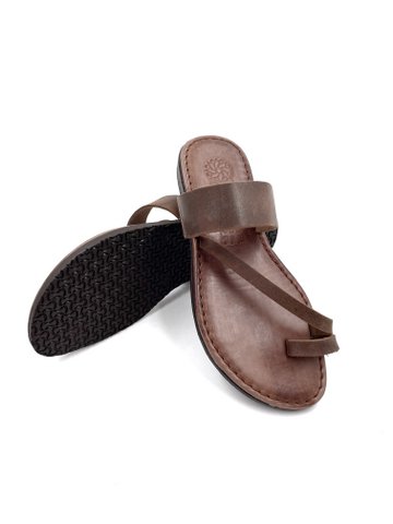 Bruine Griekse leren sandalen, platte schuifsandalen van echt leer, bruine sandalen voor dames, ronde teen zomer Griekse damessandalen