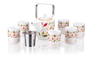 Teapot, infuser and 6 tea cups Leaves, porcelain giftbox