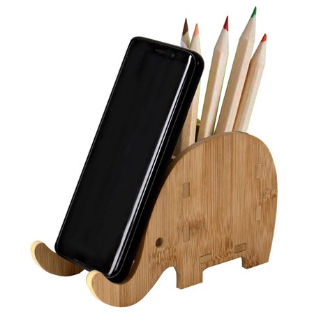 Elefanten-Stifthalter aus Holz mit Telefonständer, handgefertigter multifunktionaler Schreibtischbedarf
