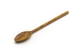 Handmade olive wood cooking spoon, natural brown wooden kitchen utensil, French style, long handle, round bowl shape