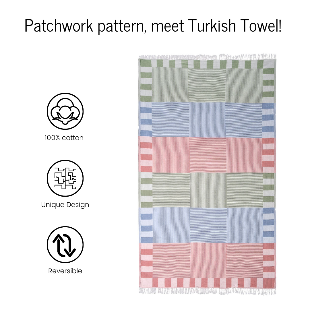 Trimita Patchwork Turkish Towel (Tile & Green & Turquoise) | Hammam Towel | 100% Cotton