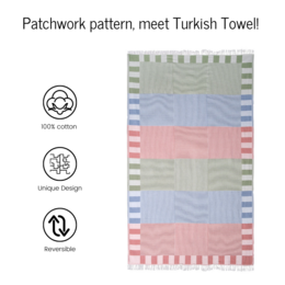 Asciugamano turco Trimita Patchwork (piastrella e verde e turchese) | Asciugamano Hammam | 100% cotone