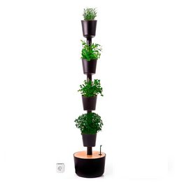 Hydroponic indoor garden with 4 pots and herb seeds, available in white or black, featuring a vertical design with multiple levels to grow various herbs.