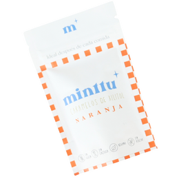 Orange xylitol caramels, white round candies, kraft paper pouch, red checkered border design.