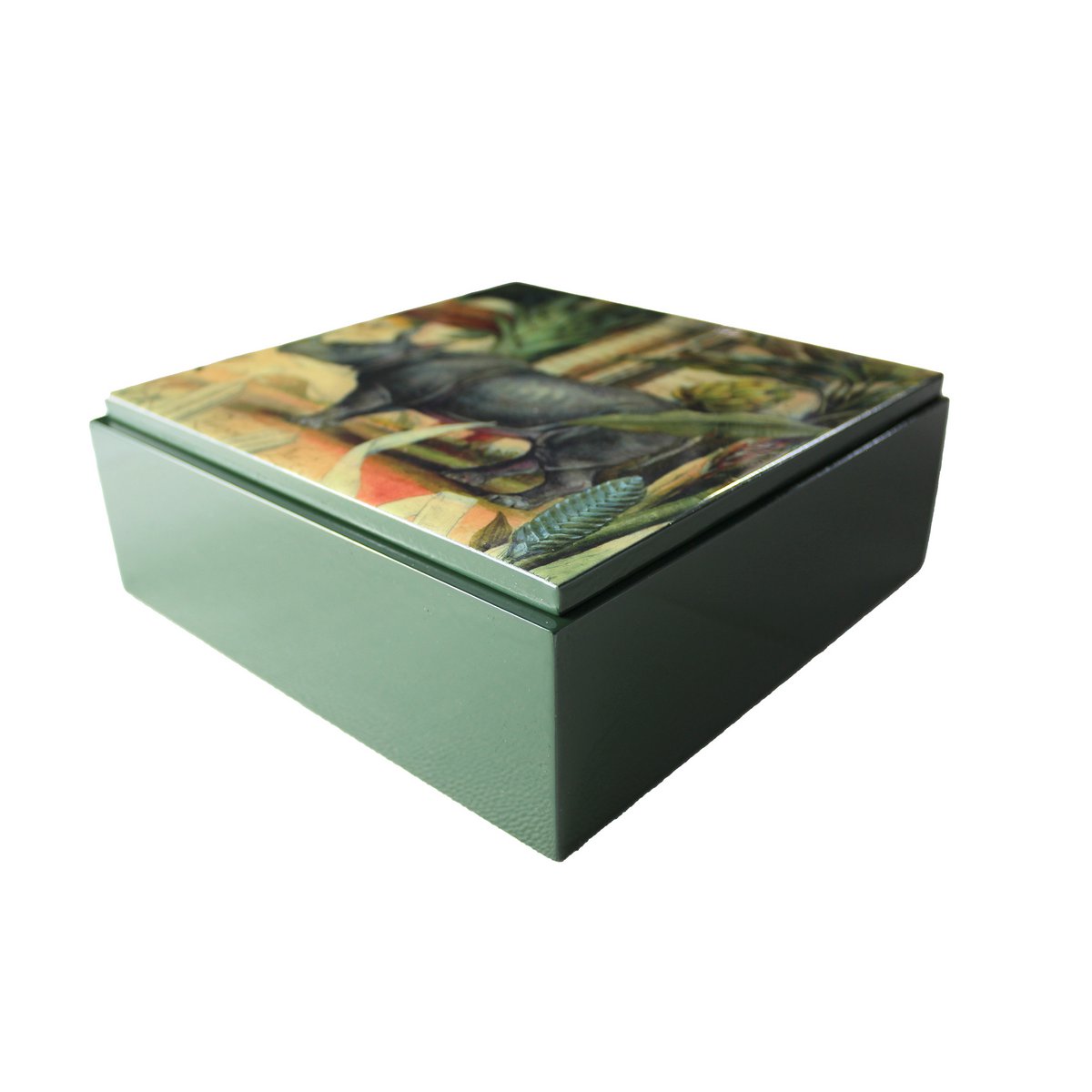 Box rhino palm trees antique painting square green