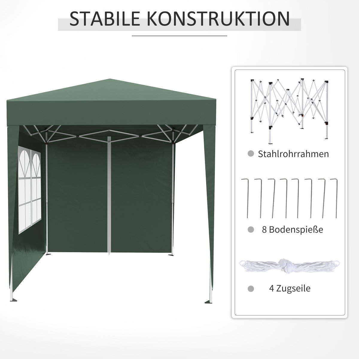 Pawilon składany, namiot piwny, 4 zdejmowane ściany boczne, 2 okna, metalowa rama, 2 x 2 m, ciemnozielony