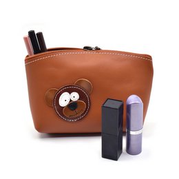 Handmade Full Grain Leather Makeup Bag With Cute Bear
