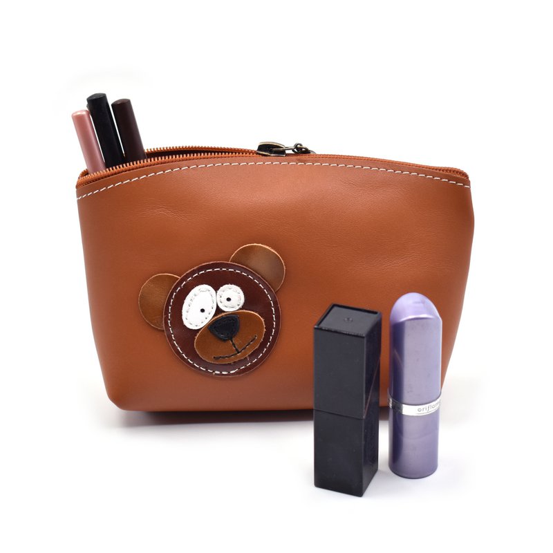 Handmade Full Grain Leather Makeup Bag With Cute Bear