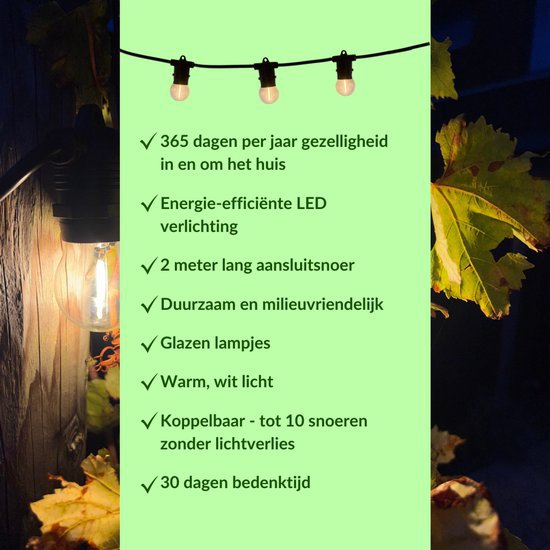 10 meter lysledning + 2 meter tilslutningskabel inklusive 10 LED-lamper