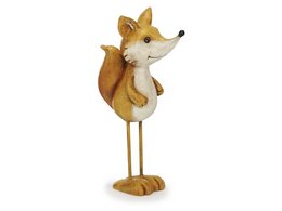 Decorative poly fox statue with metal legs, measuring 9 inches tall. The fox figure has a warm brown and orange color scheme, with a playful and whimsical design.