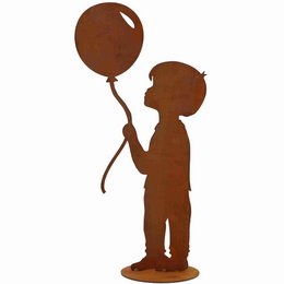 A whimsical garden decoration figure of a boy holding a balloon, made of patina-finished metal. The figure has a simple, silhouetted design with a round balloon shape.