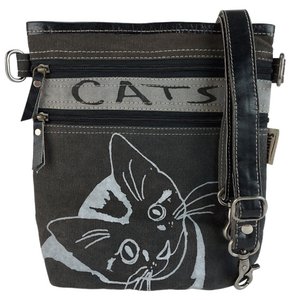 Sunsa Damen Umhängetasche. Schultertasche in Vintage Stil. Handtasche aus Canvas ( Segeltuch). kleine Crossbody Tasche für Frauen schwarz grau Katzen Motiv Damentasche Crossbody Bag