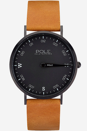 A single-hand watch with a black dial and a tan leather strap. The watch has a minimalist, modern design.