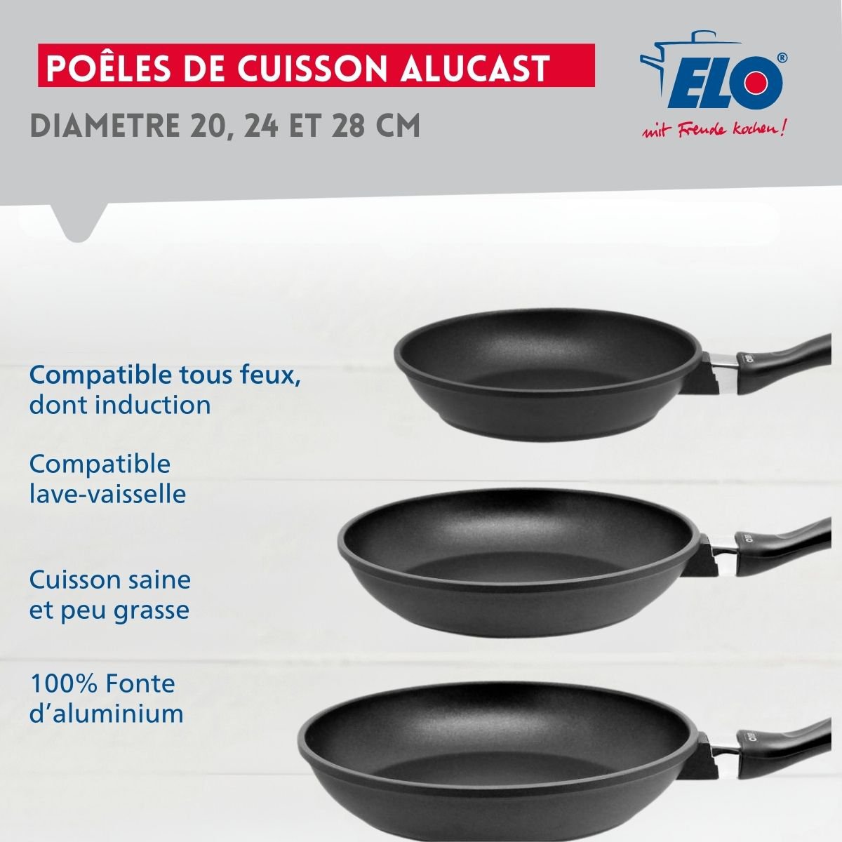 Zestaw 3 patelni do smażenia 20 cm 24 cm i 28 cm z odlewanego aluminium Elo Alucast