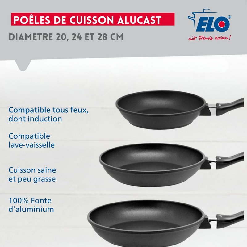 Sæt med 3 stegepander á 20 cm 24 cm og 28 cm i støbt aluminium Elo Alucast