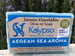 Olive oil soap with Aegean Sea aroma, made with natural ingredients. Rectangular bar with blue packaging featuring the Kalypso brand name and Aegean Sea Aroma text.
