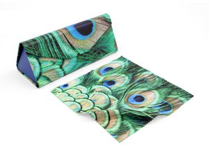 Foldable glasses case + lens cloth, Peacock feather motif