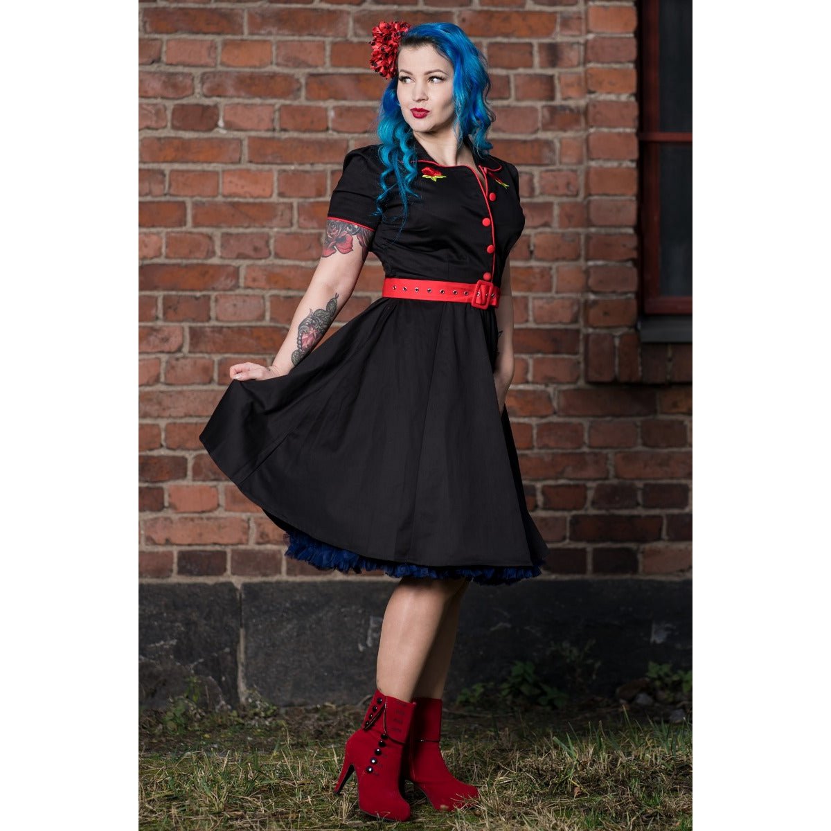 EU Stock Sherry Rockabilly Diner kjole i sort/rød
