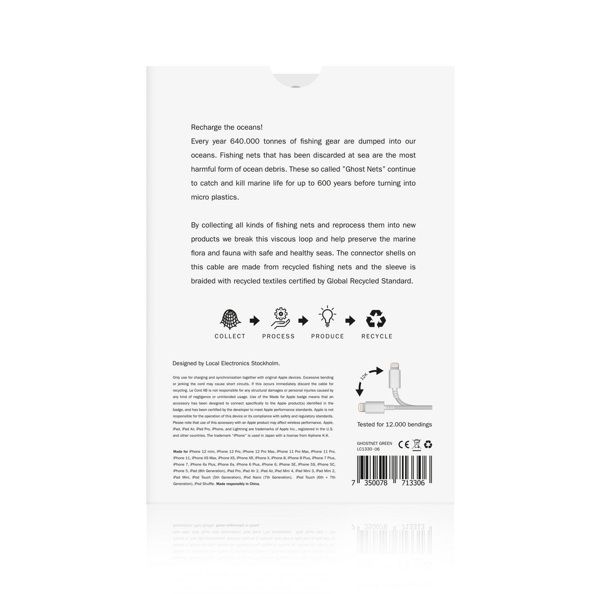 Cable iPhone Lightning verde · 2 metros · Fabricado con redes de pesca recicladas