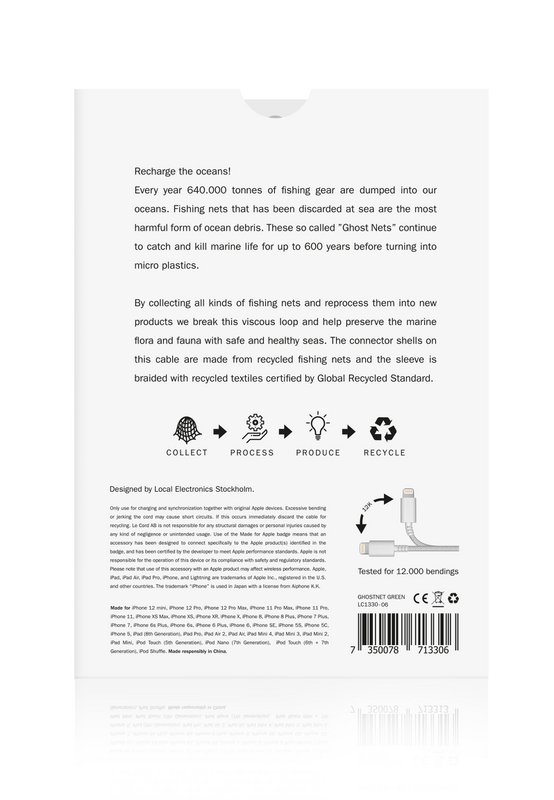 Green iPhone Lightning cable · 2 meter · Made of recycled fishing nets