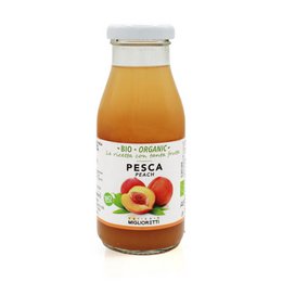 Peach-flavored biological beverage in a glass bottle.