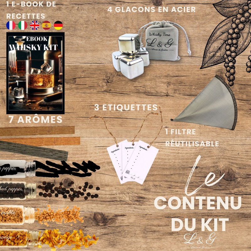 L&G® - Arrangeret Whisky forberedelse og smagning kit - Gaveideer - Original DIY Whisky gaveæske - Jul, fødselsdag - Lavet i Frankrig - Kvalitetsingredienser og tilbehør