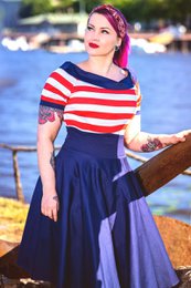 EU Stock Darlene Retro Swing Dress in Navy med røde og hvide striber