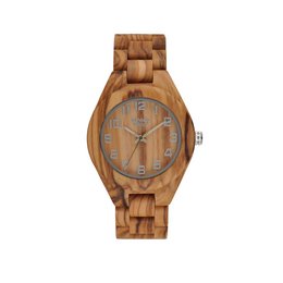 Wooden watch with a round face, light brown in color, featuring a textured dial and a metal bracelet.