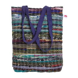 Bohemian multicolor striped woven tote bag with purple handles, ethnic pattern design.