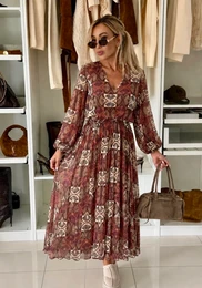 Lange geplooide jurk met print, V-hals en elastische taille