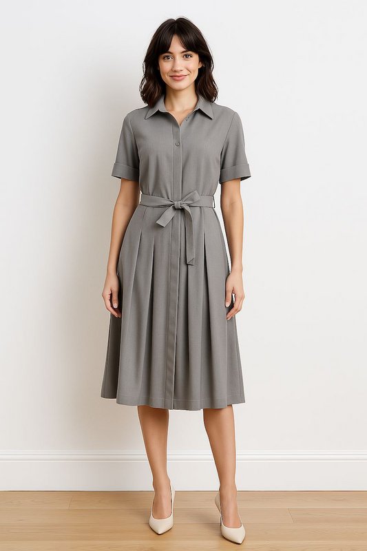 Vestido gris Qizzy Mujer a mitad de longitud con cuello creciente, mangas cortas y cinturón