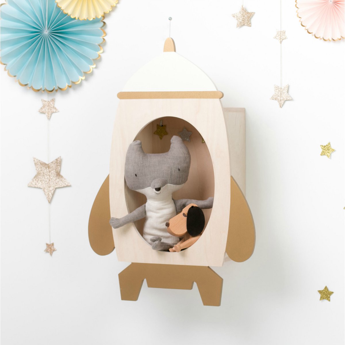 Raketenregal "Rockin 'Rocket" Weiß und Holz-Gold