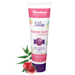 "Kids bubble gum flavored toothpaste, pink and purple tube, natural ingredients, children's oral care"