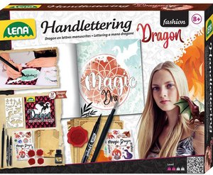 Lena 42336 Handlettering- und Kalligraphie-Set, Malbuch mit Drachenmotiven, 2 schwarze Stifte, 2 Spitzen mit Tintenfass, Aufkleber und 4 Buchstabenvorlagen, Kreativset
