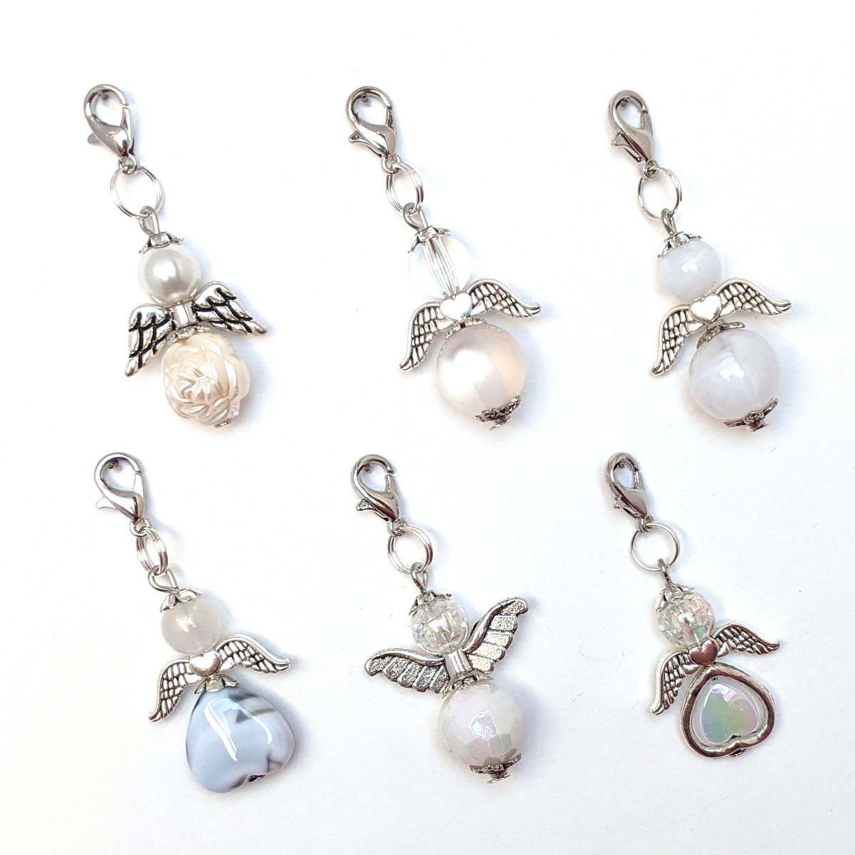 Porte-clés ange gardien "color sets blanc à rose", lot de 6, argent