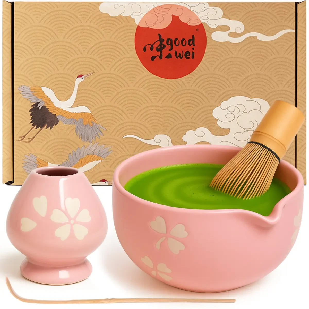 Matcha Latte Set 4 pièces. - Bol verseur, fouet à matcha des années 80, support et cuillère