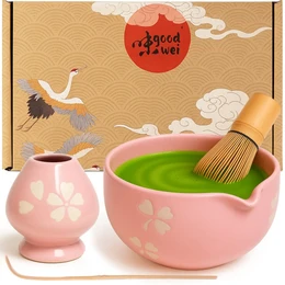 Matcha Latte Sæt 4 stk. - Hældeskål, 80'er matcha piskeris, holder & ske