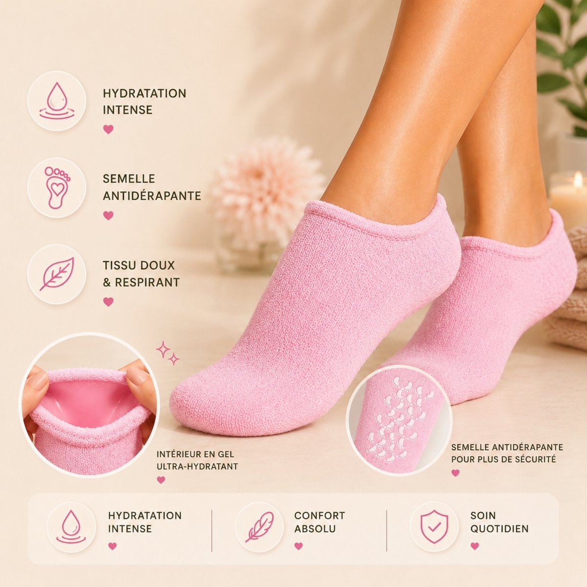 Moisturizing Rose SPA Socks - Gel with Jojoba and Olive Oils, Vitamin E and Lavender - Against Dry and Cracked Feet, Restores Softness and Suppleness to Feet