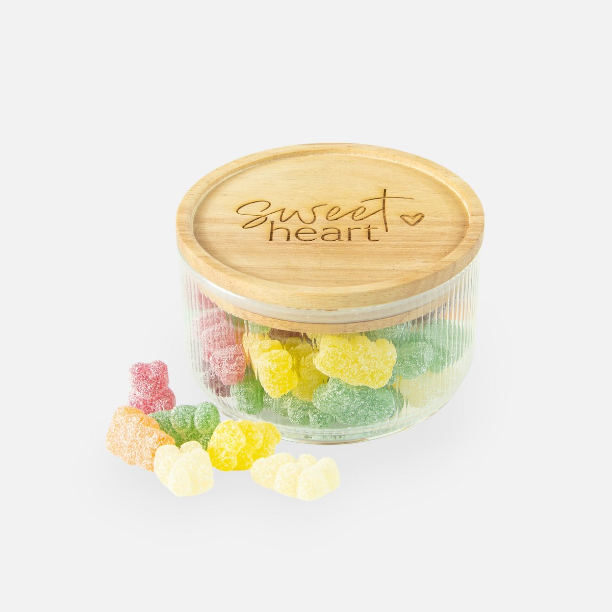 Tarro cilíndrico de vidrio con interior acanalado y tapa de madera - 'Sweetheart'
