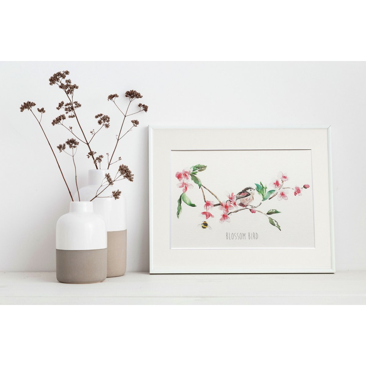 Impresión de pared de acuarela de pájaro flor