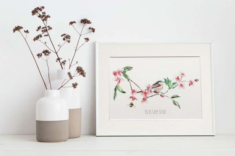 Impresión de pared de acuarela de pájaro flor