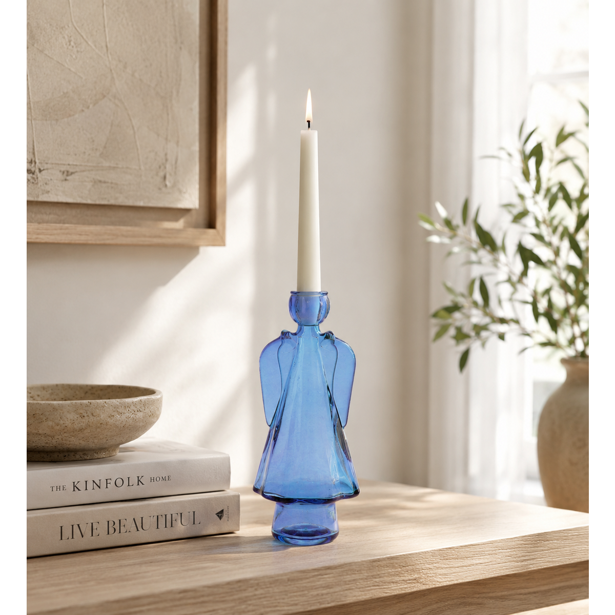 Blue glass angel candle holder h 24x10x8 cm