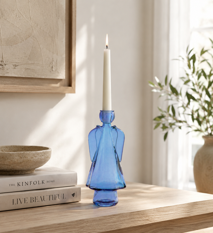 Blue glass angel candle holder h 24x10x8 cm
