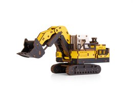 Yellow hydraulic excavator mechanical wooden puzzle, construction vehicle model kit.