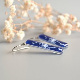 Dandelion earrings in cobalt blue, Long dangle bar, Glass and sterling silver