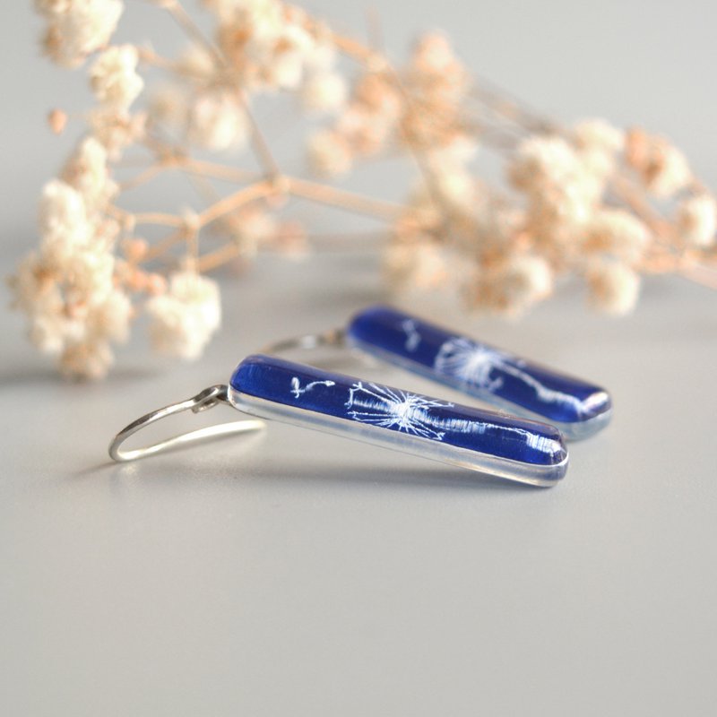 Dandelion earrings in cobalt blue, Long dangle bar, Glass and sterling silver