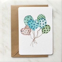 Greeting card with blue and green patterned balloons. Suitable for congratulations or celebrations.