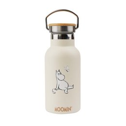 White stainless steel drinking bottle with Moomin character illustration, bamboo lid, kids water bottle.